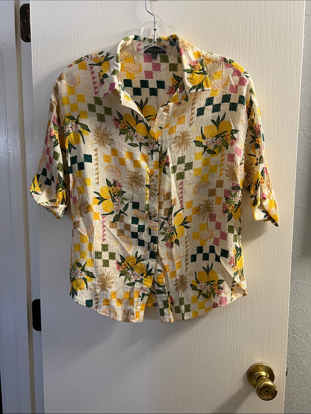 Casual Lemon Print Short-Sleeve Blouse - Yellow Floral